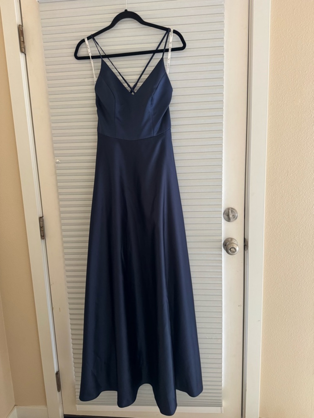 David's Bridal Navy Satin V-Neck Strappy Maxi Dress